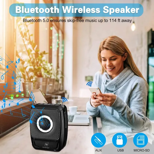 Miniatura 5 de Amplificador de voz con micrófonos profesionales duales, micrófono portátil inalámbrico de 25 W y sistema de altavoces, altavoz Bluetooth