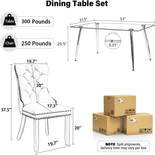 Miniatura 2 de Baysitone Juego de mesa de comedor de vidrio de 51 pulgadas para 4, juego de 5 piezas moderno de comedor, mesa de cocina rectangular de vidrio con 4