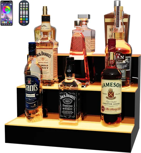 Miniatura 17 de MESAlLUP - Estante de exhibición de botellas de licor iluminado de 2 niveles de 16 pulgadas, estantes de barra LED con aplicación o control remoto