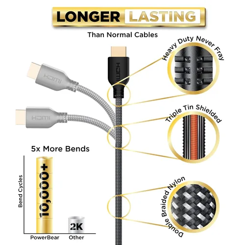 Miniatura 3 de PowerBear Cable HDMI 4K de 0.5 pies Cable HDMI corto, conectores dorados y de nailon trenzado, 4K @ 60Hz, Ultra HD, 2K, 1080P, ARC y CL3
