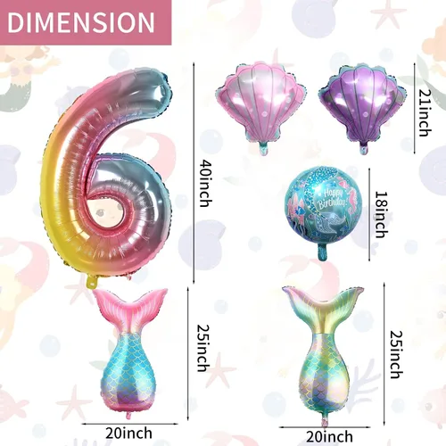 Miniatura 5 de Decoraciones de cumpleaños de sirena número 6, kit de globos de color rosa y azul, globos de cola de globo de mar para niñas, fiesta de sirena, baby