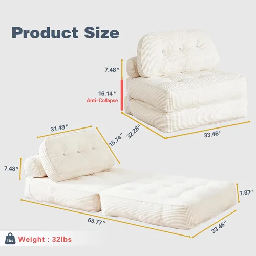 Miniatura 2 de Sofá cama plegable, futón de franela con almohada y manta, silla convertible para sala de estar y dormitorio, color blanco