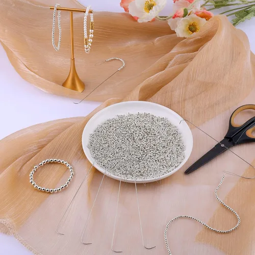 Miniatura 7 de Savita 8 agujas curvadas para abalorios, agujas de cuentas de 5.2 pulgadas, agujas de ojo grandes de acero inoxidable con mango de cuentas, aguja