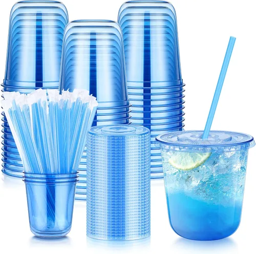 Miniatura 10 de KesaPlan Paquete de 50 tazas de plástico negro de 16 onzas con tapas y pajitas, taza de café helado desechable con tapas, tazas de fondo redondo