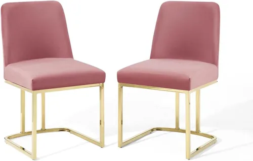 Modway Amplify Performance - Silla de comedor tapizada de terciopelo con base de trineo, juego de 2 unidades, color dorado rosa polvoriento