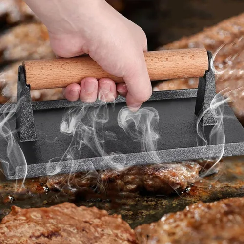 Miniatura 5 de onlyfire Prensa para carne de hierro fundido con mango de madera, ideal para exprimir la grasa de carnes, aplanar tocino, paninis y hamburguesas