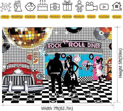 Miniatura 5 de Telón de fondo de fotos de estilo retro disco – Rollo de rock de los años 50, baile de graduación, cumpleaños, comedor, decoración de fiesta, cartel