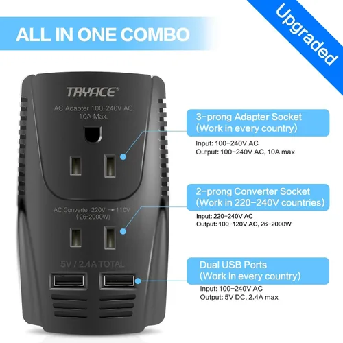 Miniatura 3 de Convertidor de 220 V a 110 V, convertidor de voltaje de viaje de 2000 W para secadora de pelo, plancha rizadora, adaptador de corriente de 10 A es