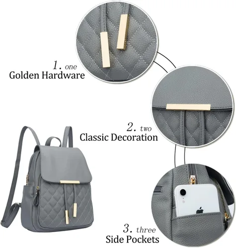 Miniatura 5 de KKXIU Mochila acolchada de cuero de moda para mujeres, adolescentes, niñas, damas, bolsas de viaje, Gris