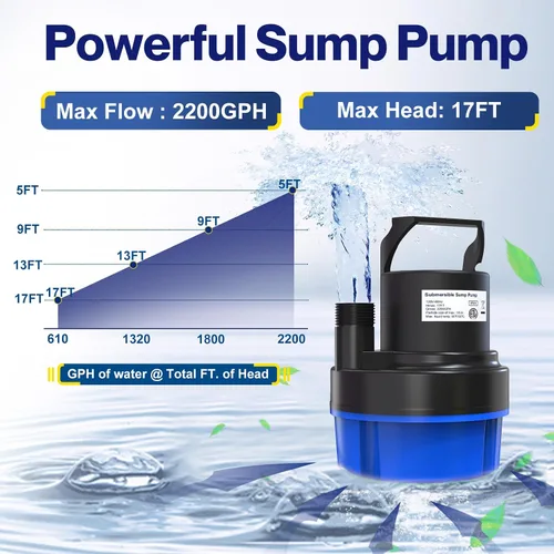 Miniatura 4 de AgiiMan Bomba de agua sumergible de 1/2 HP, bomba de sumidero portátil de 2200 GPH para drenaje de piscina, bomba de cubierta de piscina con cable