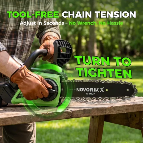 Miniatura 6 de NovorikX Motosierra inalámbrica de 20 V, motosierra eléctrica de 10 pulgadas con batería de 4.0 Ah y cargador, engrasador automático, tensión