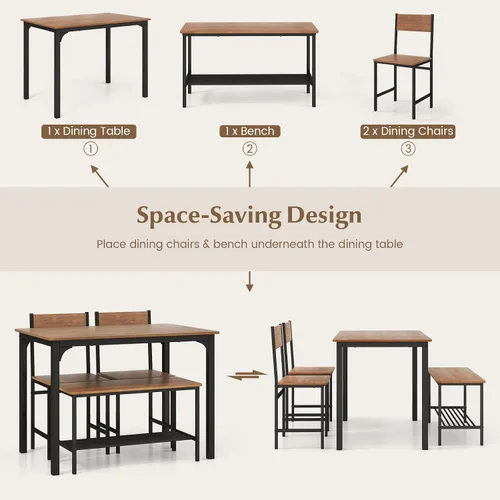 Miniatura 4 de COSTWAY Dining Table Set for 4, Space-Saving Dining Room Table with Bench and 2 Chairs, Storage Rack & Anti-Slip Foot Pads, Industrial Kitchen Table