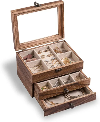 Frebeauty Joyero de madera de 3 capas, organizador de joyas vintage con tapa transparente, soporte de joyería de madera rústica para anillos,
