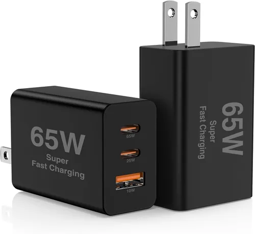Paquete de 2 bloques de cargador de pared USB C de 65 W, adaptador de carga USB C de 3 puertos de 100 W tipo C de carga súper rápida para MacBook