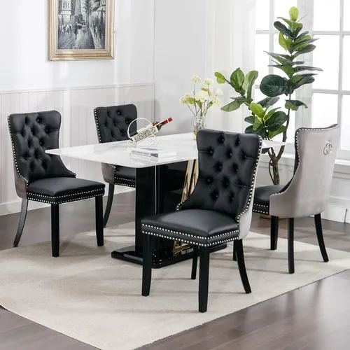 Miniatura 8 de OVENTA Juego de 4 sillas de comedor modernas tapizadas copetudas, terciopelo negro y gris y cuero con patas de madera maciza, sillas de cocina