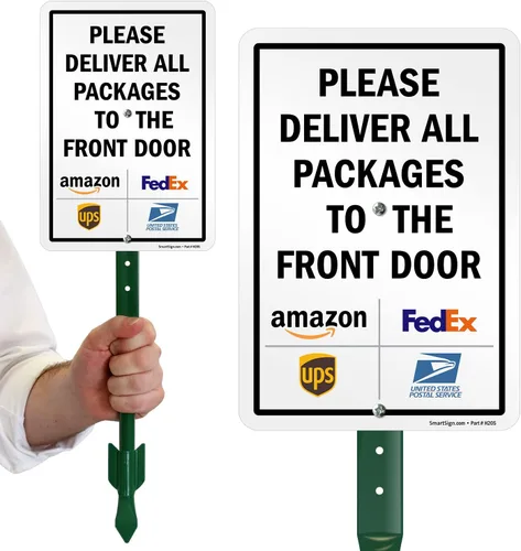 Miniatura 9 de SmartSign Letrero de metal con texto en inglés "Please Deliver All Packages to The Front Door" de 10 x 14 pulgadas, con flecha izquierda y Letrero