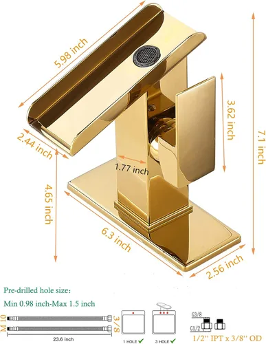 Miniatura 2 de Grifo de lavabo de baño dorado de una sola manija de 1 o 3 agujeros de 4 pulgadas, cascada de 4 pulgadas, grifo de baño moderno de latón para lavabo