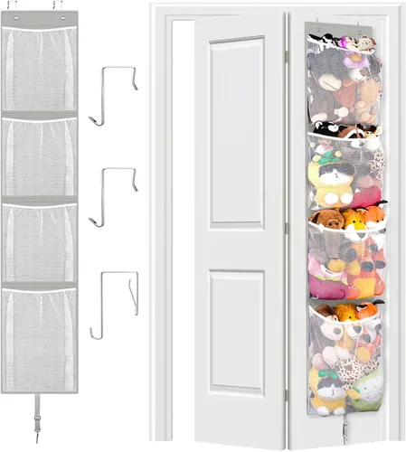 Woodoulogy Almacenamiento de animales de peluche sobre la puerta, organizador de juguetes colgantes, muñeco de peluche y oso para bebé, idea para