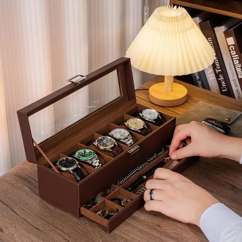 Miniatura 5 de ProCase Caja para reloj, caja de exhibición de 6 ranuras con cajón, caja de reloj para hombre con tapa de vidrio, organizador de almacenamiento