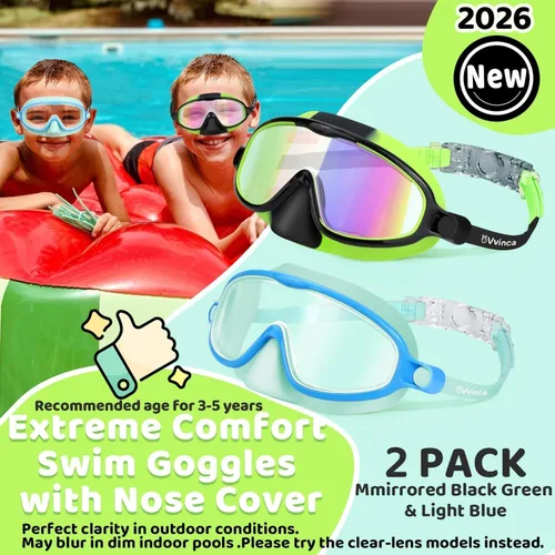 Miniatura 4 de Vvinca 2 gafas de natación para niños con cubierta para la nariz, máscara de buceo de natación de visión amplia, antivaho UV, anti roturas