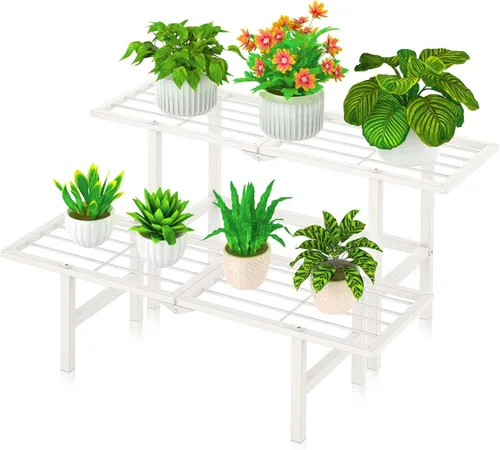 Soporte de metal de 2 niveles para plantas para exteriores e interiores, estante plegable separado para plantas al aire libre, soporte de escalera