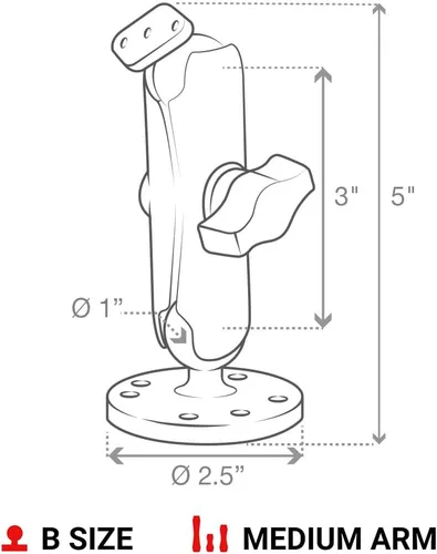 Miniatura 5 de RAM Mounts Soporte de perforación con brazo de doble enchufe y placa de diamante, bola de tamaño B de 1 pulgada, montaje de superficie plana AMPS