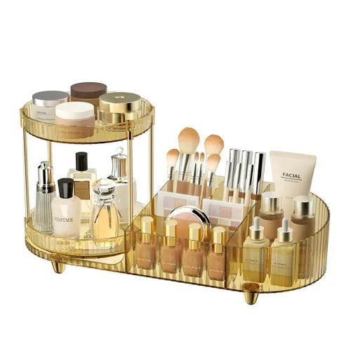 Organizador de maquillaje giratorio para tocador, 2 bandejas de perfume con 5 compartimentos, almacenamiento de cosméticos y cuidado de la piel,