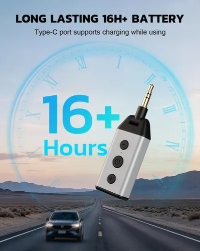 Miniatura 6 de 1Mii B04 Bluetooth 5.4 Adaptador de coche, receptor de audio AUX giratorio de 180°, llamada clara manos libres, 16H+ de larga espera