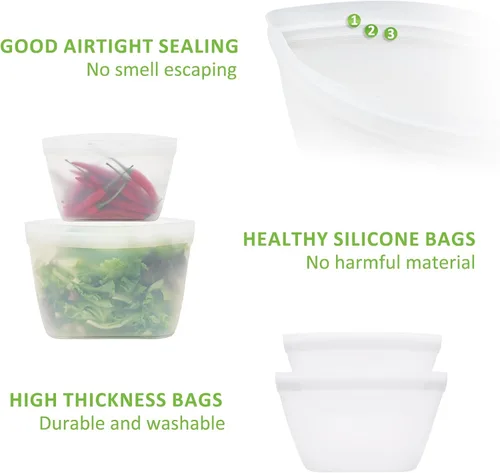 Miniatura 3 de Bolsas de silicona para almacenamiento de alimentos, contenedores reutilizables de almacenamiento de alimentos, bolsas de silicona con cierre