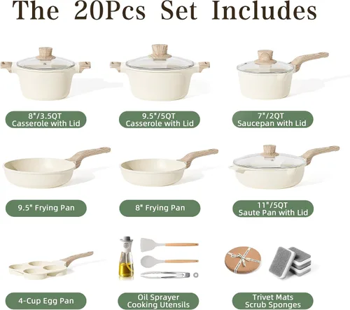 Miniatura 2 de Juego de 20 piezas de ollas y sartenes antiadherentes, juego de utensilios de cocina antiadherentes de granito blanco, juego de cocina no tóxico