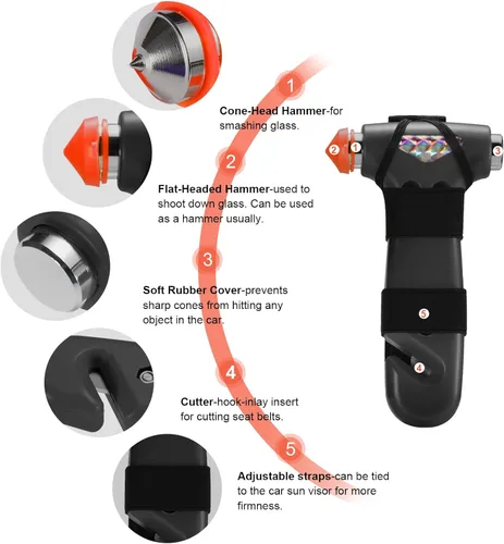 Miniatura 2 de THINKWORK Martillo de seguridad para automóvil, herramienta de escape de emergencia 3 en 1 con rompedor de ventana de un segundo y cortador de Negro