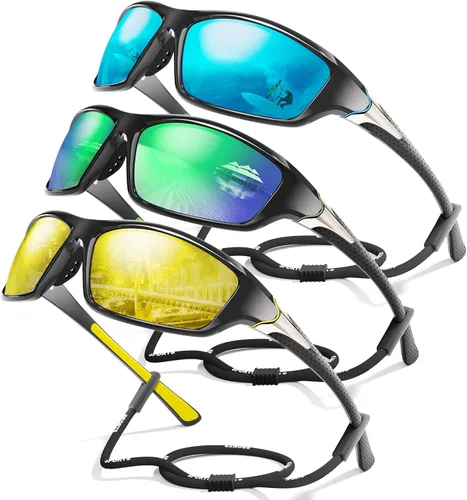 Miniatura 19 de Paquete de 3 lentes de sol deportivos polarizados para hombres, gafas de sol masculinas envolventes con protección UV para ciclismo, pesca