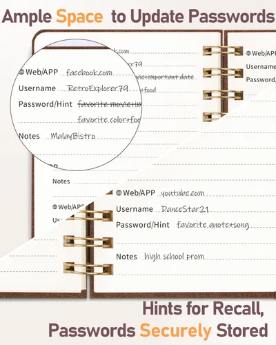 Miniatura 49 de WEMATE Libro de contraseñas con pestañas alfabéticas, libro en espiral para personas mayores, cuaderno de contraseñas de Internet, diario