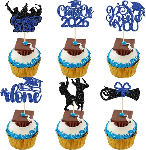 Miniatura 21 de Gyufise 24 piezas de decoración para cupcakes con purpurina para graduación 2026, decoración de pasteles para graduación 2026, decoración de Negro