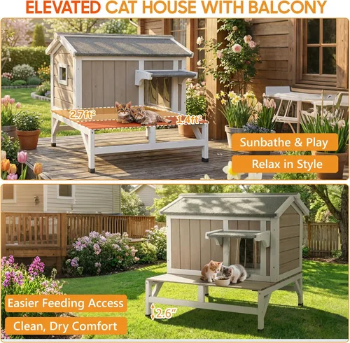 Miniatura 5 de PetsCosset Casa para gatos al aire libre, refugio de madera para gatos con interior de tela rascadora incorporada, diseño de 2 pisos resistente a