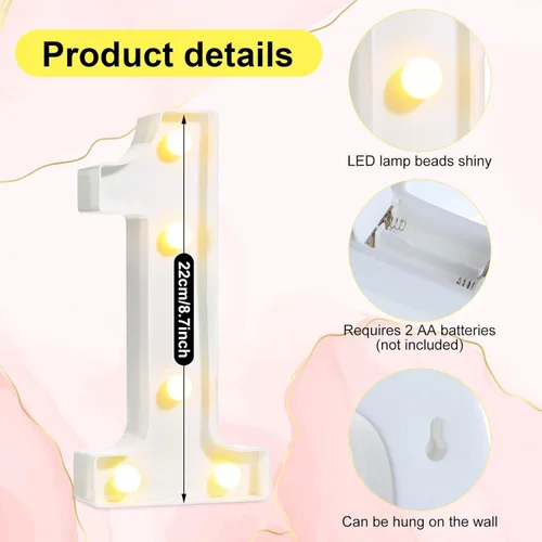 Miniatura 3 de Treela Números LED iluminados decorativos de 8.7'' de cumpleaños, letrero de números de marquesina de purpurina para decoración de fiesta de Blanco