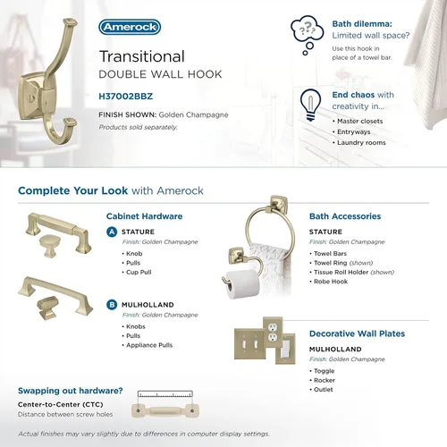 Miniatura 6 de Amerock H37002BBZ Kinsale Gancho decorativo de pared de doble punta, gancho dorado champán para abrigos, sombreros, mochilas, bolsas Ganchos