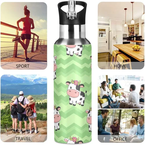 Miniatura 5 de Stainless Steel Vacuum Insulated Water Bottle 20 Oz, Leakproof Water Bottles for Gym Outdoor Travel School, Cute Cartoon Cows Green
