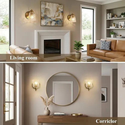 Miniatura 9 de Mecgirn Stainless Steel Bathroom Vanity Light Over Mirror, 1 Light Brushed Gold Bathroom Light Fixtures with Textured Glass Shades, Modern Vanity