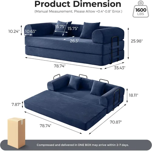 Miniatura 2 de Sofá cama convertible 5 en 1, espuma de alta densidad de 79 pulgadas con asiento de felpa y reposabrazos rectos, cama plegable sin montaje para sala