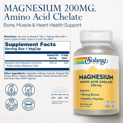 Miniatura 2 de Solaray Quelato de Magnesio con Aminoácidos 200 mg, Suplemento de Magnesio Quelado para la Salud Ósea, Salud del Corazón y Apoyo a la Función