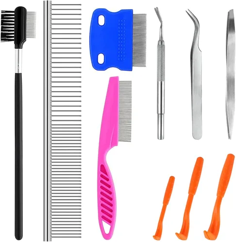 Miniatura 8 de Paquete de 10 peines para pulgas para perros, peines de acero inoxidable para perros y gatos con dientes redondeados para eliminar pulgas, piojos