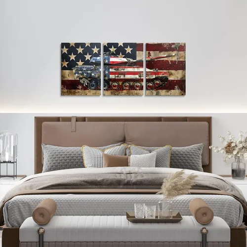 Miniatura 4 de jejeloiu Lienzo retro de 3 piezas de arte de pared para sala de estar, dormitorio, 38 x 19 pulgadas, bandera estadounidense, decoración de pared
