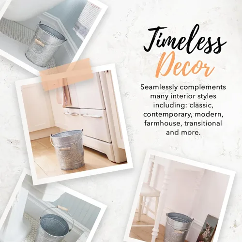 Miniatura 9 de Autumn Alley - Bote de basura galvanizado Cesta de basura de baño pequeña Anillos en relieve, su etiqueta ovalada y el mango de madera torneada