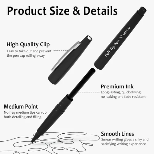 Miniatura 3 de Lelix Bolígrafos de punta de fieltro, paquete negro de 15 unidades, punta media de 0.7mm, marcadores de punta de fieltro para diario, escritura
