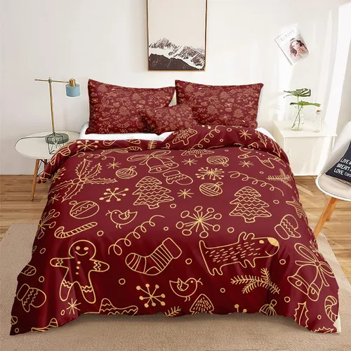 Miniatura 33 de Juego de ropa de cama de Navidad con funda de edredón de copos de nieve, color blanco y rojo, con estampado navideño, juego de ropa de cama festiva