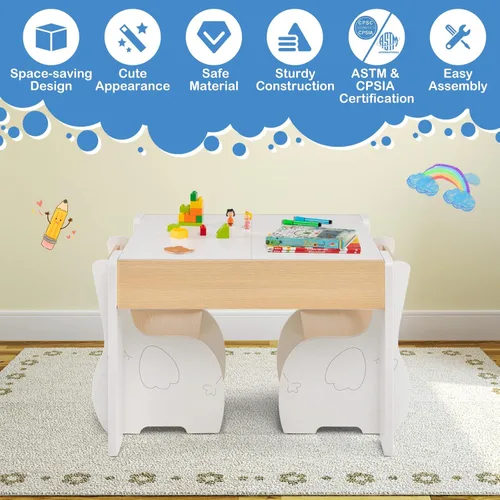 Miniatura 4 de HONEY JOY Juego de mesa y silla para niños, mesa de actividades de madera 4 en 1 y 2 sillas para manualidades artísticas, pizarra reversible, 3
