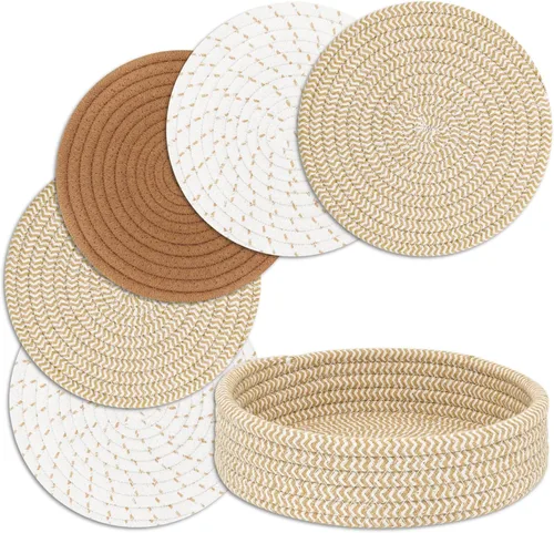 Miniatura 7 de Salvamanteles para platos calientes, ollas y sartenes, almohadillas calientes con cesta de almacenamiento, soportes para ollas para cocina, tapete