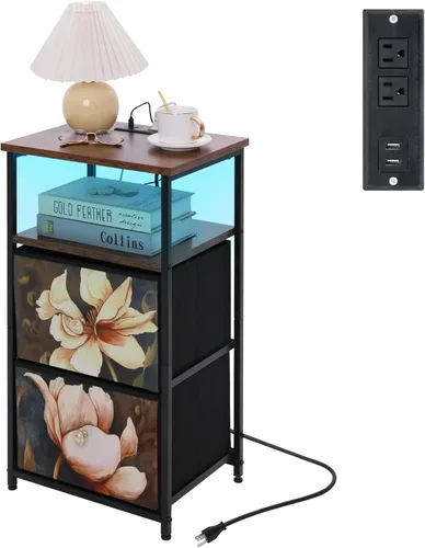 ALBAD Mesita de noche con estación de carga/carga, mesita de noche LED para dormitorio, mesita de noche con cajones de almacenamiento, mesa auxiliar
