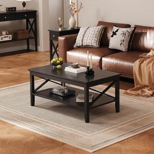 Miniatura 9 de Mesa de centro ChooChoo Oxford con patas más gruesas, mesa de centro de madera negra con almacenamiento para la sala de estar